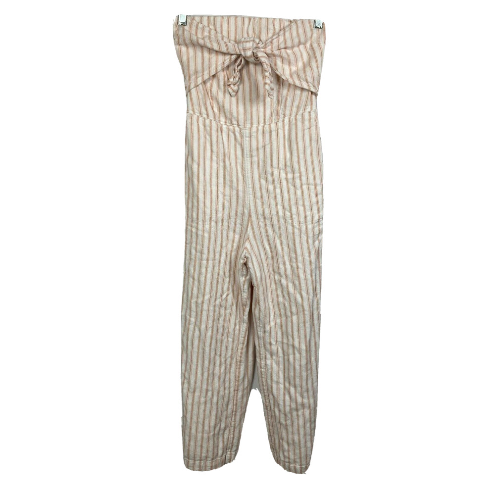 Abercrombie Fitch Jumpsuit Womens Sz S Ivory Beige Striped Linen Capri Strapless